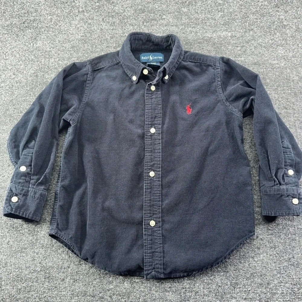 Ralph Lauren Boys Navy Blue Corduroy Button Down Shirt Size 3/3T Red Pony Logo
